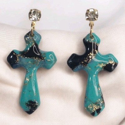 Handcrafted Polymer Clay Resin Gold Dangle Earrings Cross Turquoise Black 