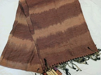 Narda's Handwoven Original Ikat Long Scarf Tan Deep Reds 100% Cotton 24x68 Bonto