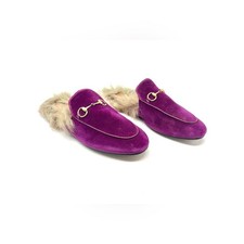 Gucci Princetown Fur-Trim Horsebit Mules Purple Velvet Slip On Flats 39