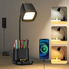 Desk Lamp with USB Charging Port & Pen Holder, LED Desk Light for Home Black