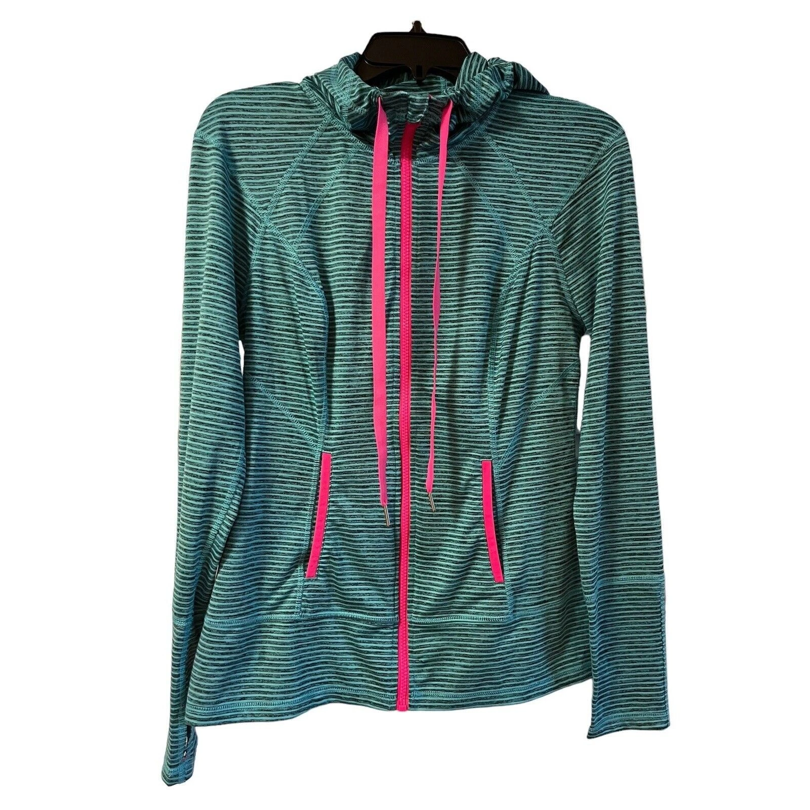 Lukka Jacket Teal Blue Striped Zip Up Hoodie Lightweight Womens Size M