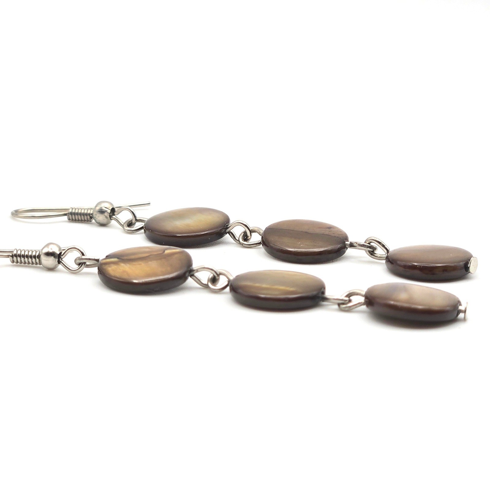 Triple Disc Shell Dangle Earrings Silver Tone Hoo… - image 2