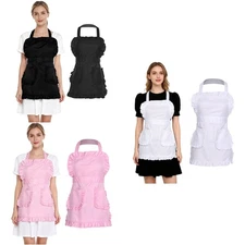 Women Full Cover Double Pockets Ruffled Princess Apron Kitchen Cooking Aprons
