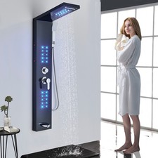 Black LED Rainfall Shower Panel Body Massage Shower Tower System Stainless steel