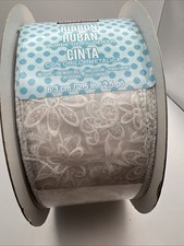 NEW: Kirkland Wired Edge Ribbon- 50 Yards; 2.5 Inch; White; Iridescent Flowers