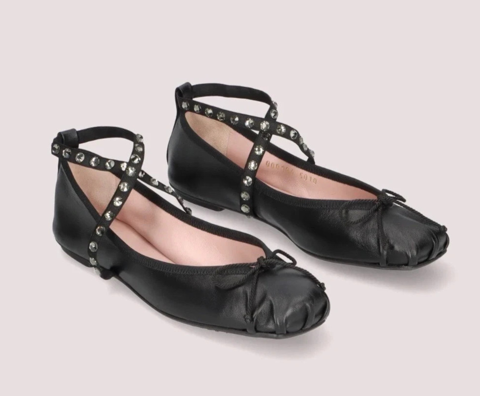 Bonitas Bailarinas Cuero Ballet Pisos Reino Unido 4/37 Kristen Negro Cristal Swarovski