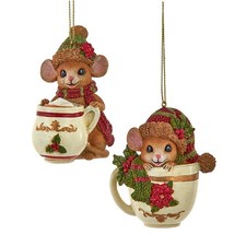 Mouse With Poinsettia  Holly Leaf Mug Ornaments