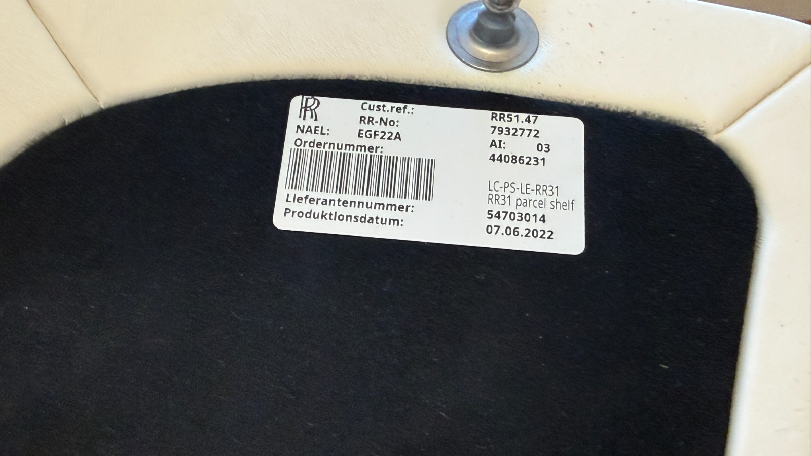 Rolls Royce Cullinan Parcel Shelf White Genuine OEM