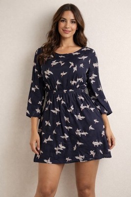 Joules dunkelblaues kurzes Kleid mit Vogelmotiv - Größe 12, 3/4-Arm lässige Passform