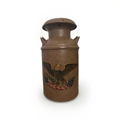Antique Dairy Milk Can & Lid Folk Art Eagle American Flag 20  Tall X 10  Dia