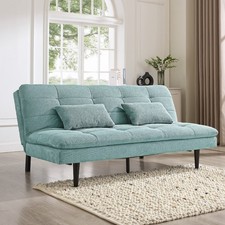 3 Seater Luxury Sofa Bed Teal Linen Fabric Metal Legs Solid Build Sofa