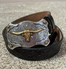 Tony Lama Western Black Tooled Leather Belt Longhorn Buckle 28 USA Made Unisex