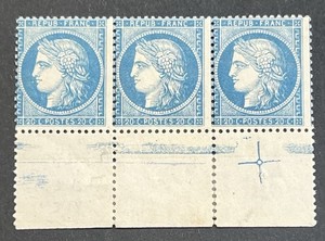 timbre classique 37 (*) 20c bleu Siège de Paris Cérès bande de 3 croix de repère
