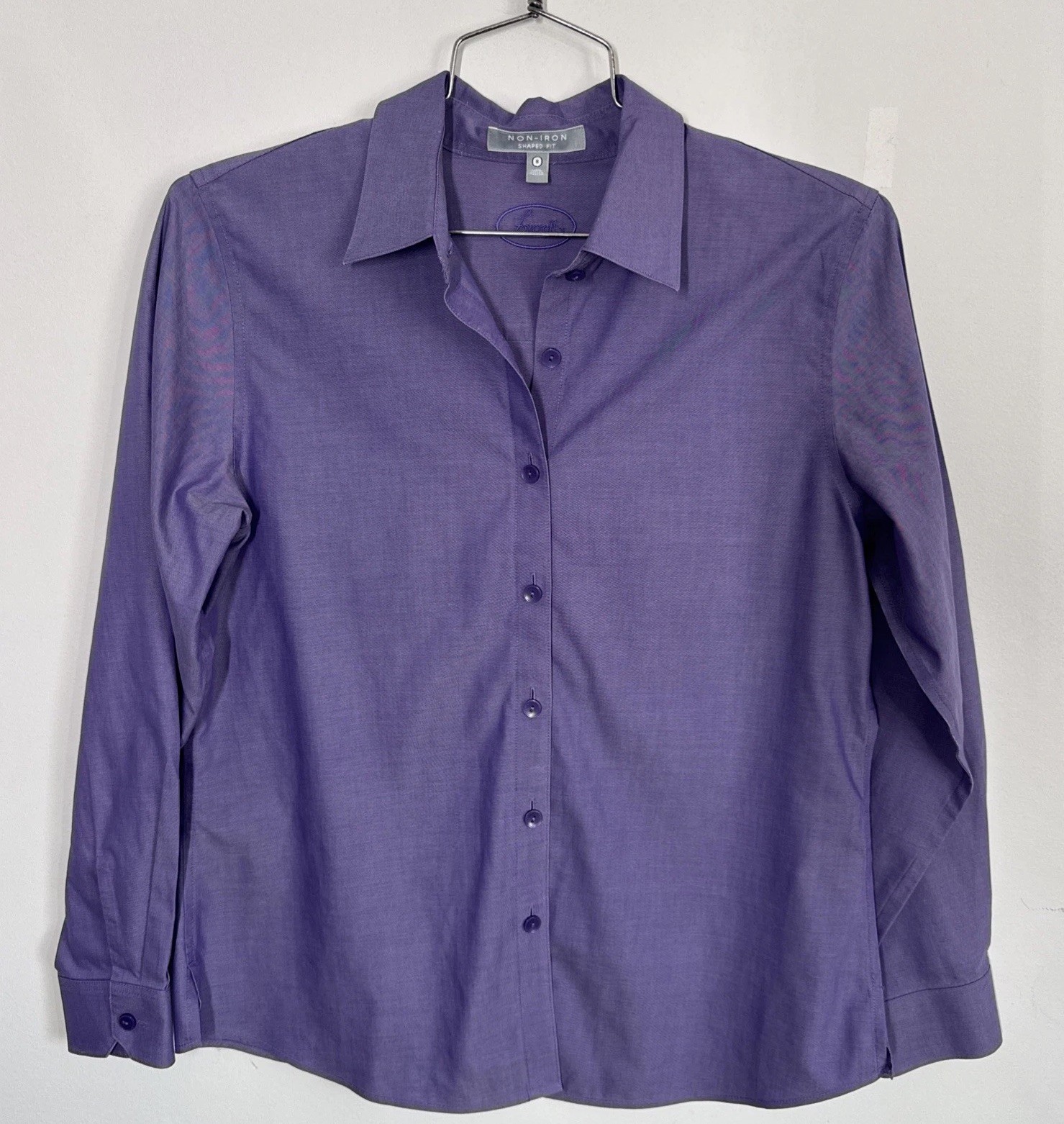 Foxcroft Non Iron Shaped Fit Long Sleeve Button Up Blouse Shirt Purple Career 8