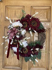 Burgundy Fall Sunflower Grapevine Wreath, Han...