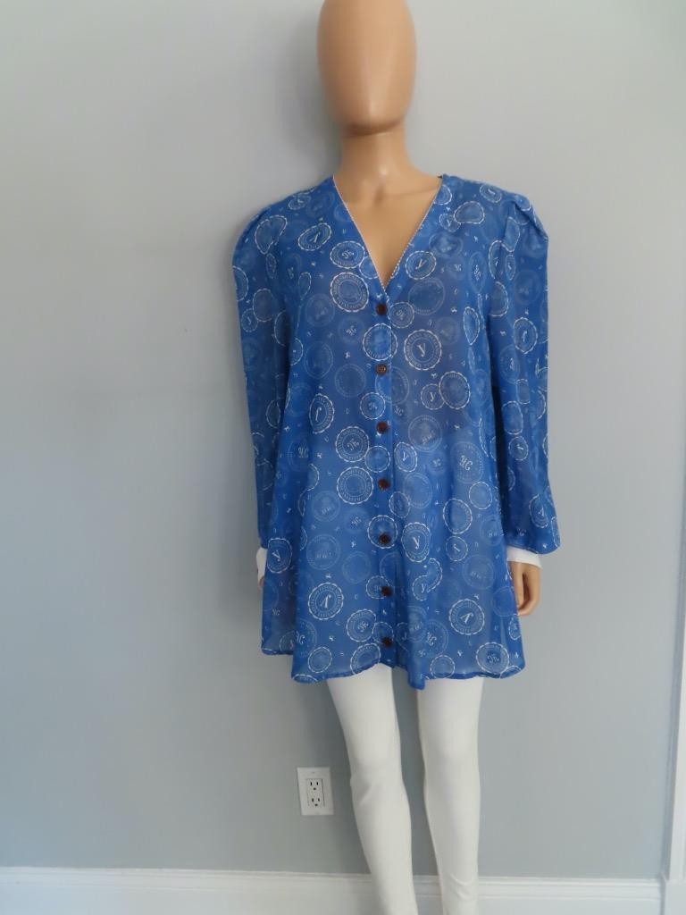 Ulyana Sergeenko Blue Logo Print Cotton Sheer Tun… - image 1