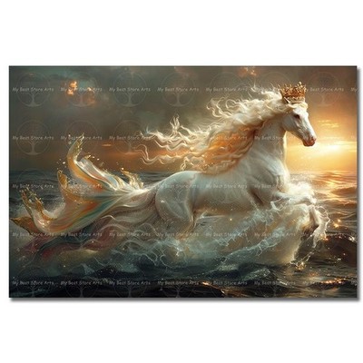 White Horse Art Print, Ocean Horse Poster, Fantasy Wall Decor