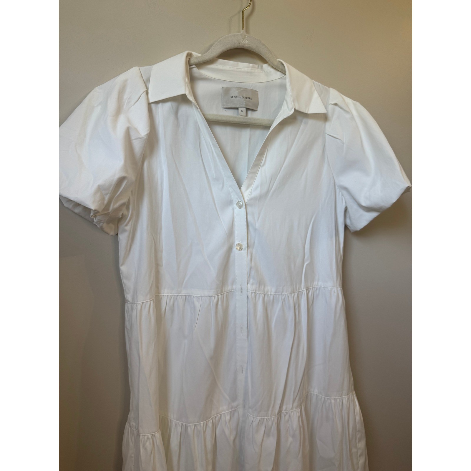 Brochu Walker Havana Tiered Midi Dress White Puff Sleeve Cotton Poplin Size M image 4