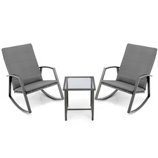 Patiojoy 3-Piece Patio Rattan Rocking Table &Chair Furniture Set Cushion Grey