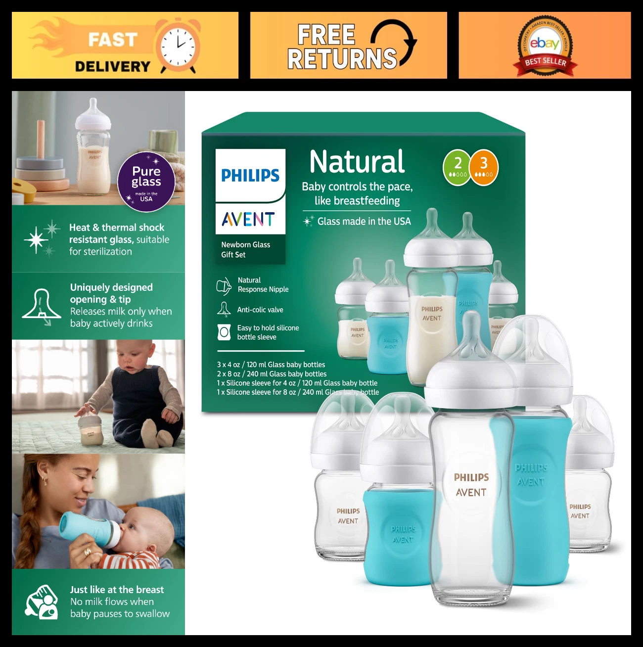 Natural Glass Baby Bottle Set with Response Nipple - Perfect Gift for Newborns