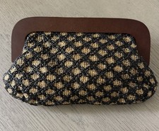 Vintage 1960's Woven Black and Gold Fabric Wooden Handle Frame Clutch Handbag