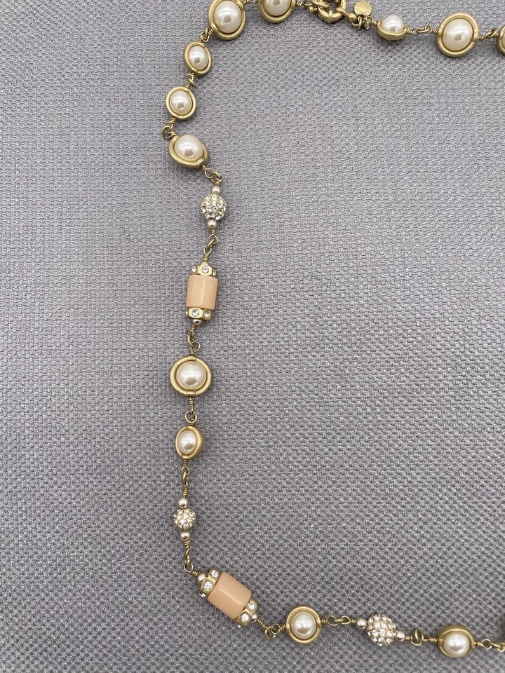 J Crew Pale Coral / Pink, Crystal, Pearl , Gold Tones Link Necklace - Image 2 of 4