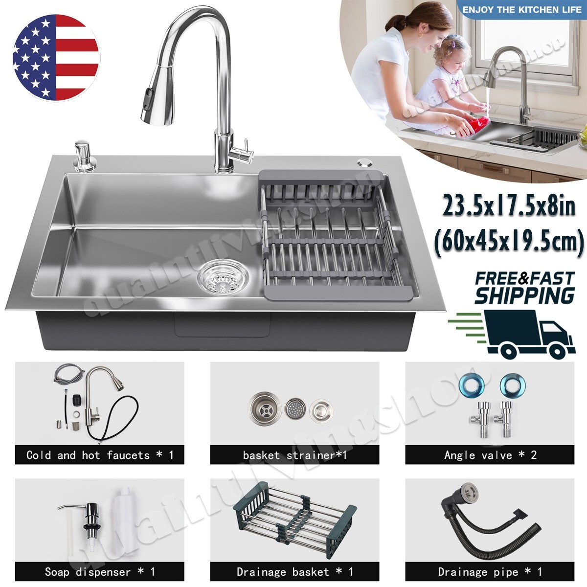 23.5inch Kitchen Sink 304 Stainless Steel Single Bowl Drop In Top Mount Faucet