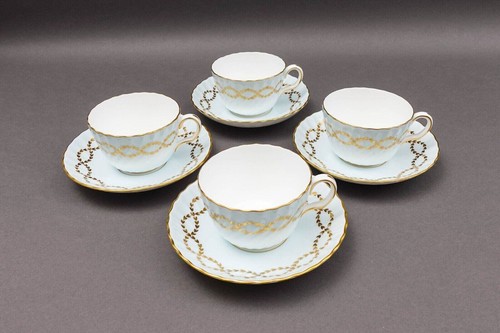 Minton England S600 Gold Laurel Leaves Light Blue Tea Cup & Saucer Set Of 4 - Picture 2 of 10