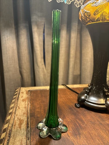 Vintage 11” MCM Murano Elephant Foot Green Cased Italian Glass Bud Vase