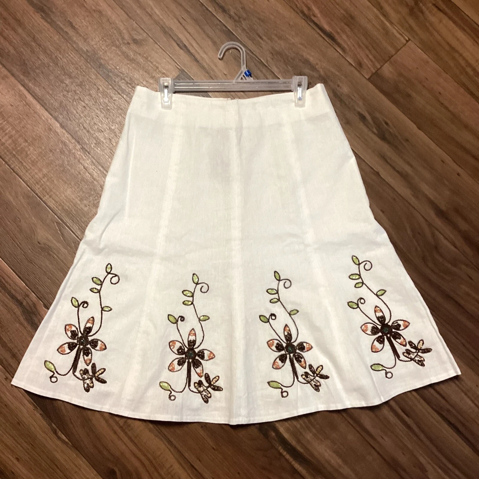 Vintage Carole Little Women’s Embroidered Linen A-Line Flared Skirt Medium NWT