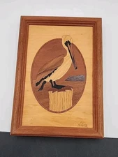 Hudson River Wooden Inlay Marquetry Framed Pelican 10” X 7" signed Nelson