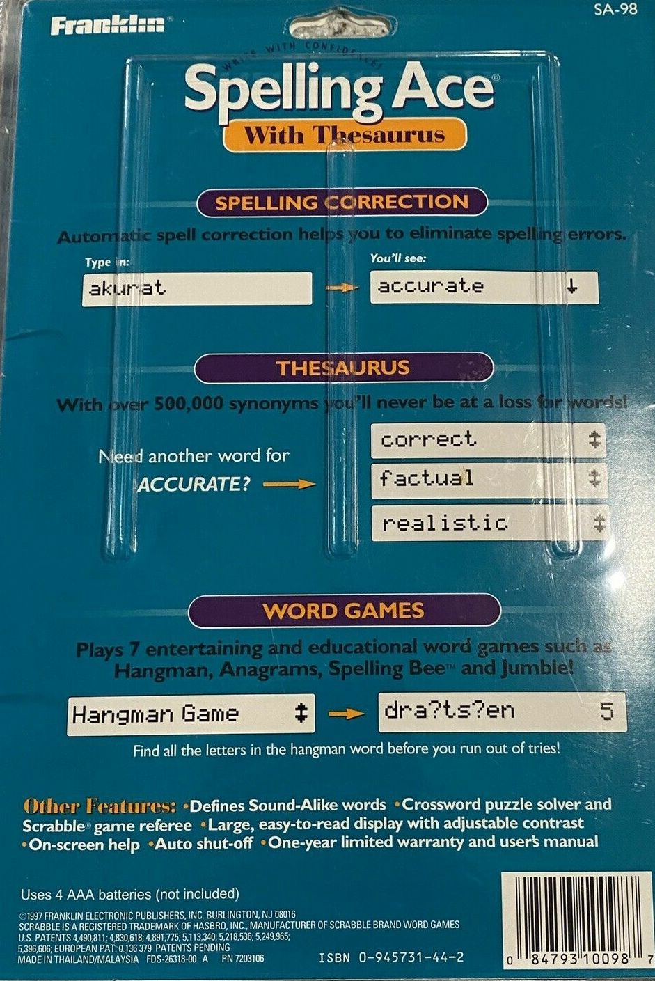 Vtg. 1997 Franklin Spelling Ace SA98 Electronic Handheld Word Games tested work 84793100987 eBay