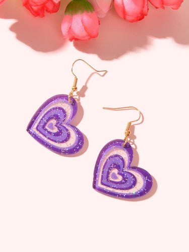 Candy Colour Pink Purple Acrylic Heart Pendant Earrings Festival Jewellery Gift - Picture 19 of 24