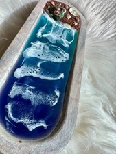 Turtle Beach Wood Incense Stick Holder, White Stain plank, Ocean Resin Artwork