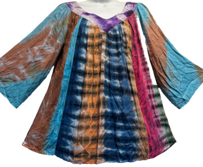 Nwt SACRED THREADS tie dye funky boho rayon hippy ruffled TUNIC TOP 1X Free ship