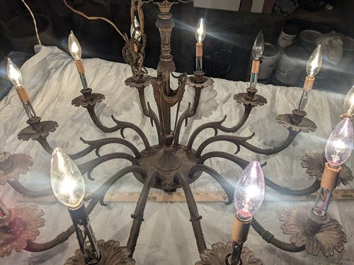 Antique French Bronze Brass Ceiling Fixture Chandelier Light 12 arms rare old - Picture 4 of 24