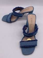 Schutz Blue Denim Amely Slip On Fringe Double Strap Mid Block Heel Mule sz 7.5 B