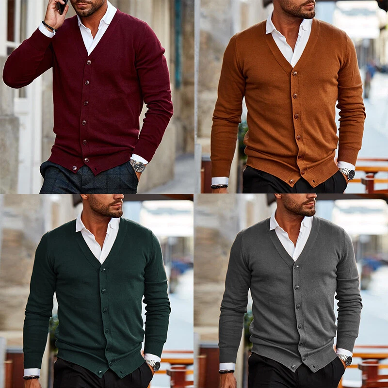 Men Cardigan Sweater Autumn Winter Warm V-Neck Button Sweater Knitted  Pullover