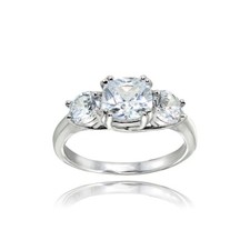 Sterling Silver CZ Cushion Cut Three-Stone Royal Engagement Wedding Ring, Size 6