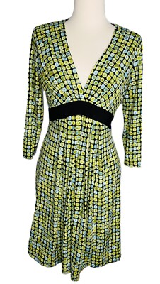 Maggy London Women Dress Shift 3/4 Sleeve Green Multi Below Knee Geometric  Sz 8