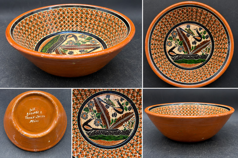 Jose Bernabe Tonala Petatillo Pottery Bowl Signed Mexican Folk Art 6.75"