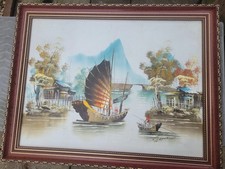 Vintage Oil Painting of Chinese Junk Boats Framed and Signed