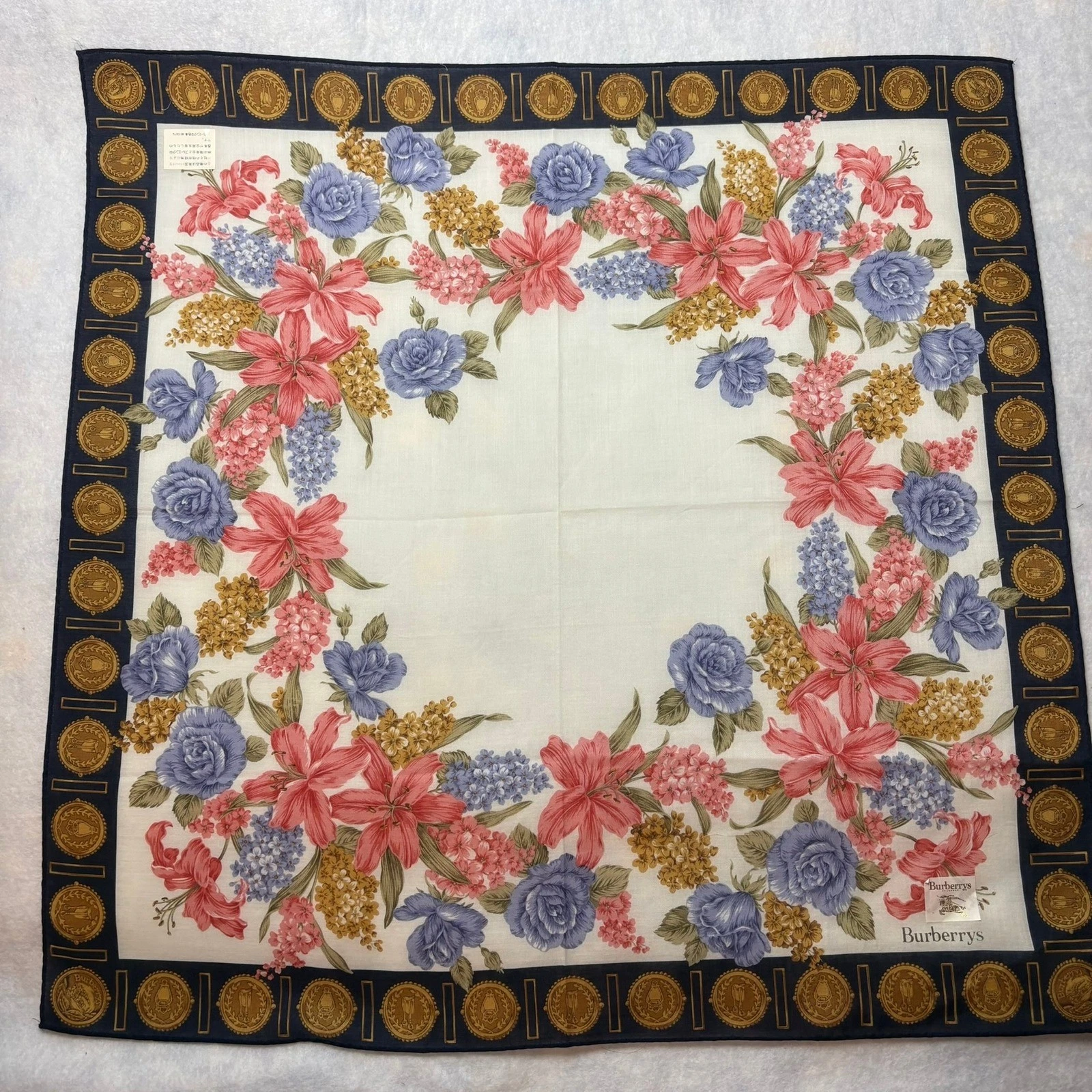 VTG BURBERRYS Scarf Handkerchief Floral Medallion Cotton Navy Pink 19.5"