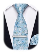 Cotton Floral Tie for Men 2.5" Printed Skinny Necktie Pocket Light Blue Floral