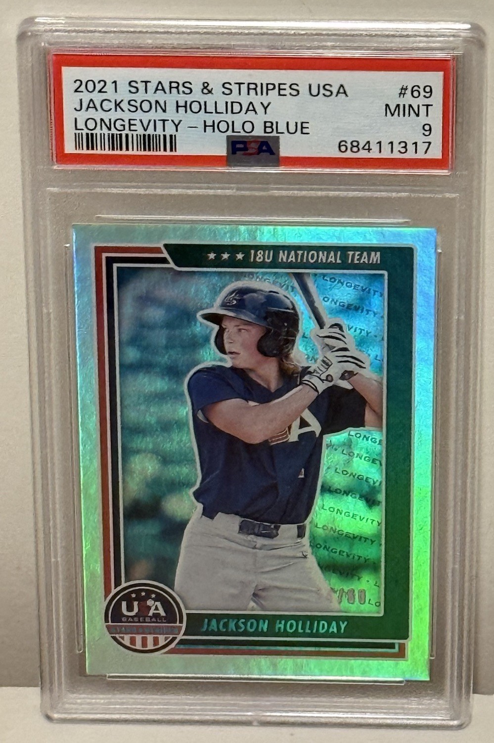 2022 Panini S&S USA Longevity JACKSON HOLLIDAY Holo Blue /60 PSA 9 Orioles Pop 2 view 1