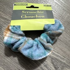 Blue Brown White Fabric Scrunchie Hair Tie Womens Adult Accessory