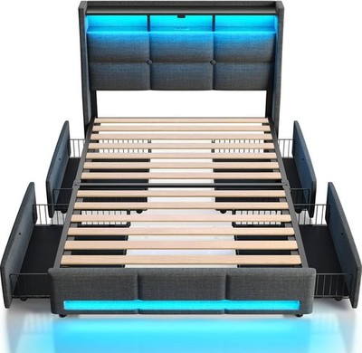 Twin Size Bed Frame with LED Lights and Charging Station, Upholstered Bed Storag