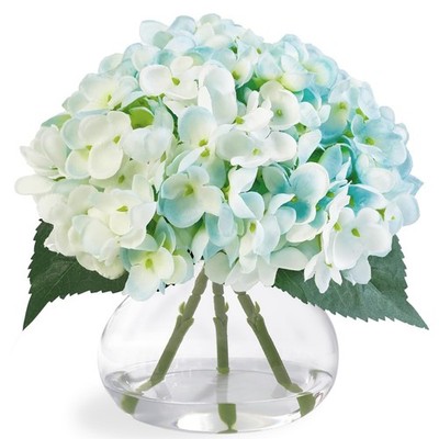 Hydrangea Artificial Flowers in Glass Vase, Blue Silk Fake Flowers Silk Cente...