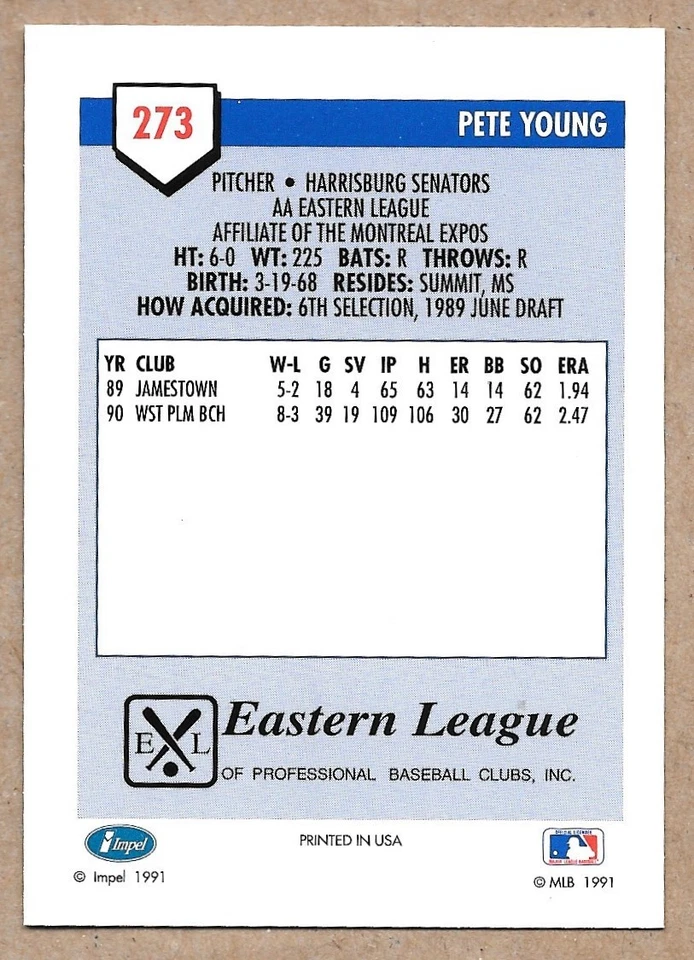 1991 Line Drive AA #273 Pete Young Harrisburg Senators - Image 2 of 2