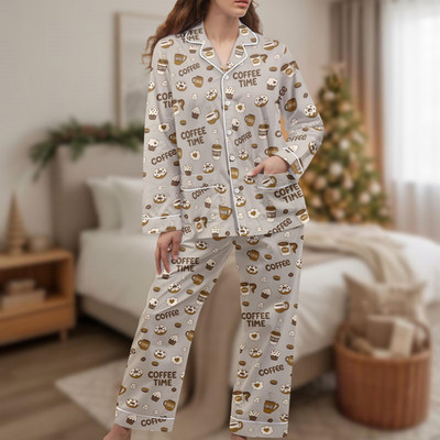 Coffee Lover Long Thick PJs Set Coffee Time Thick Pajamas Cafe Long Pajama Set
